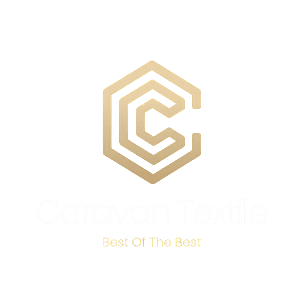 Caravan Textile logo with gold geometric design on a blue background.