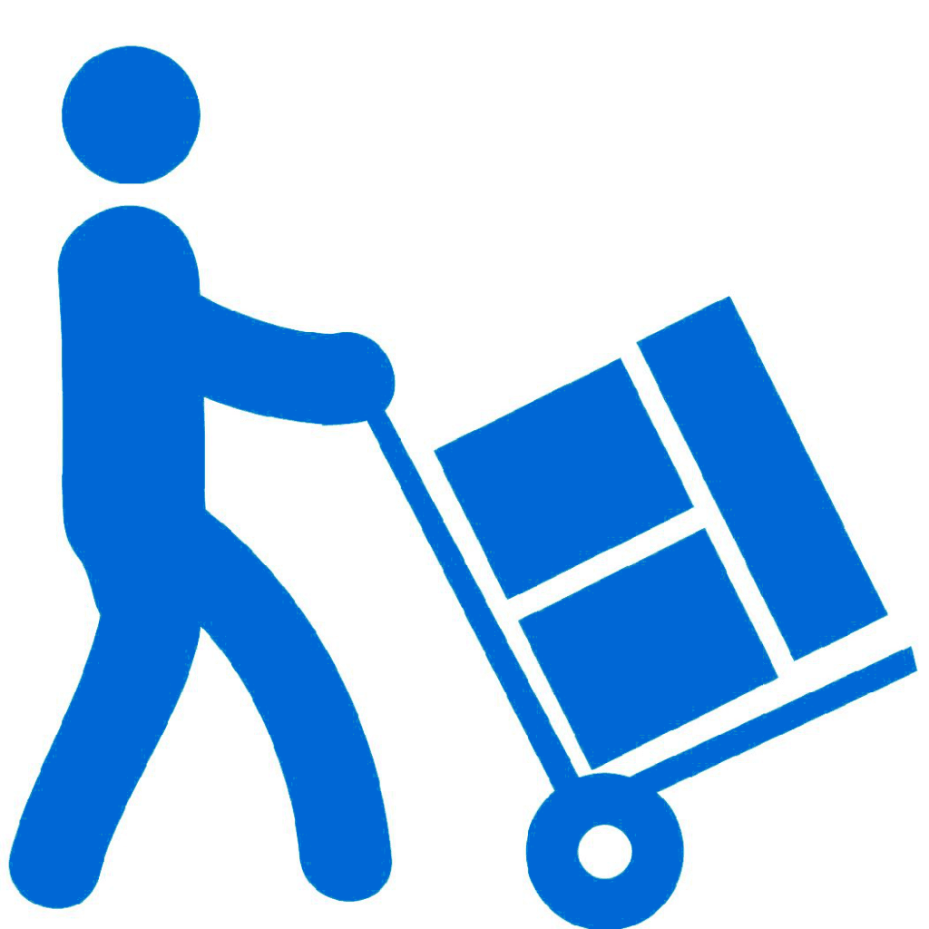 Icon of a person pushing a hand truck loaded with boxes.